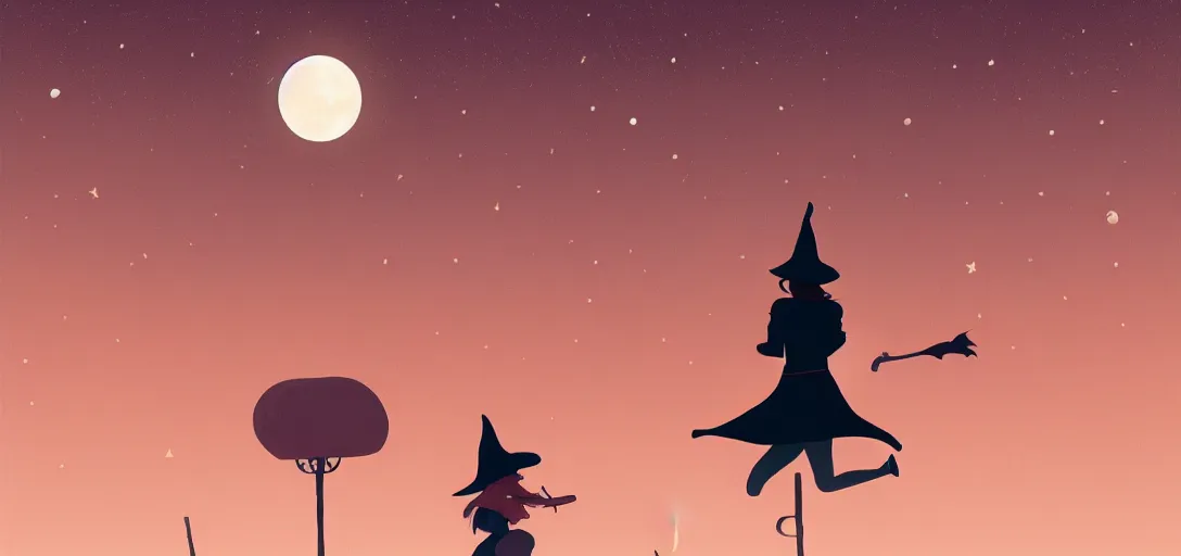 Prompt: witch girl riding a broom, full moon in the background, orange city lights seen in the far view, in the style of atey ghailan, highly detailed, cinematic