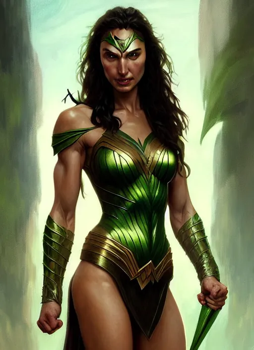 Image similar to portrait of gal gadot as a goblin, d & d, muscular! green, fantasy, intricate, elegant, highly detailed, digital painting, artstation, concept art, smooth, sharp focus, illustration, art by artgerm and greg rutkowski and alphonse mucha