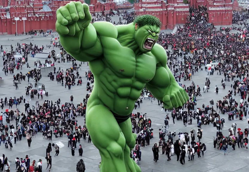 Prompt: Vladimir Putin in the form of Hulk in anime style on the Red Square near Kremlin