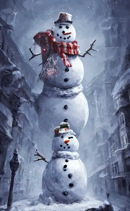 Prompt: a a full body portrait of giant jack frost the snowman in the middle of a village in the snow, dynamic lighting, photorealistic fantasy concept art, trending on art station, stunning visuals, creative, cinematic, ultra detailed