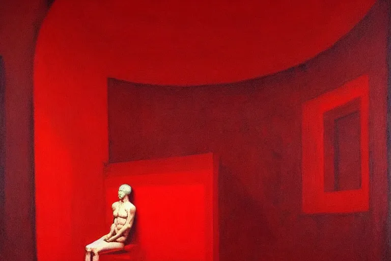 Image similar to only with red, crowd screaming, an exposed painting in a roman theater, in the style of beksinski, parts by edward hopper, parts by rodcenko, parts by yue minjun, intricate and epic composition, red by caravaggio, insanely quality, highly detailed, masterpiece, red light, artstation, 4 k