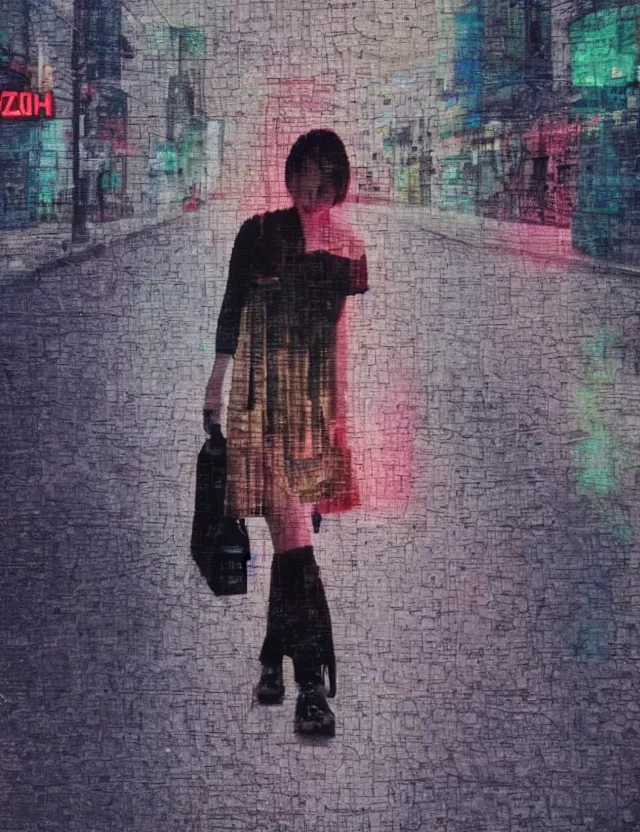 Image similar to dressed korean girl walking the street, redshift, wide high angle view, coloured polaroid photograph with flash, kodak film, hyper real, stunning moody cinematography, anamorphic lenses, by maripol, fallen angels by wong kar - wai, style of suspiria and neon demon and bahnhof zoo, detailed, oil on canvas, glitch datamosh