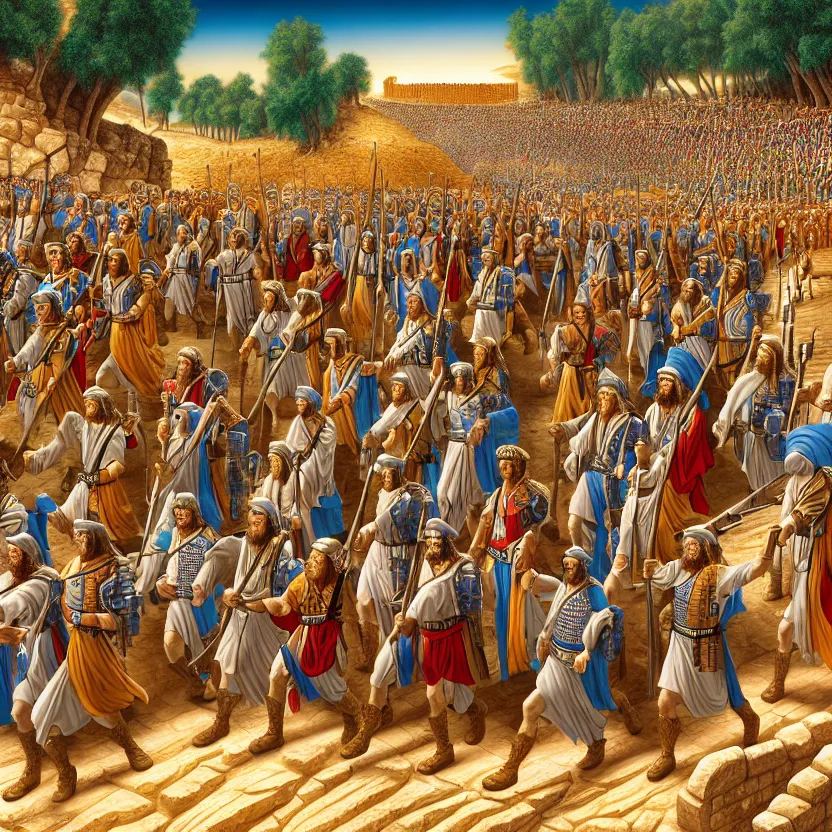 Image similar to the army of ancient israel marching behind the ark of the covenant around the walls of ancient jericho, by lisa frank, mark brooks, 8 k high detail