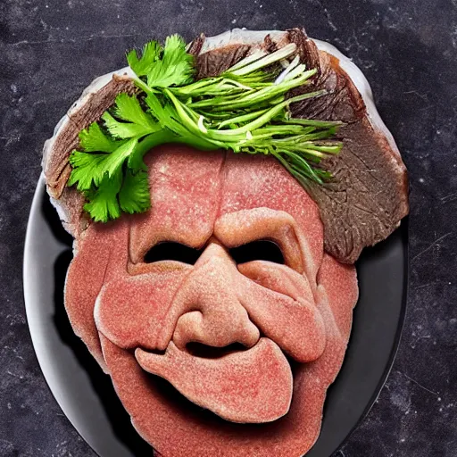 Image similar to chuck roast norris, food photo of chuck norris face on chuck roast