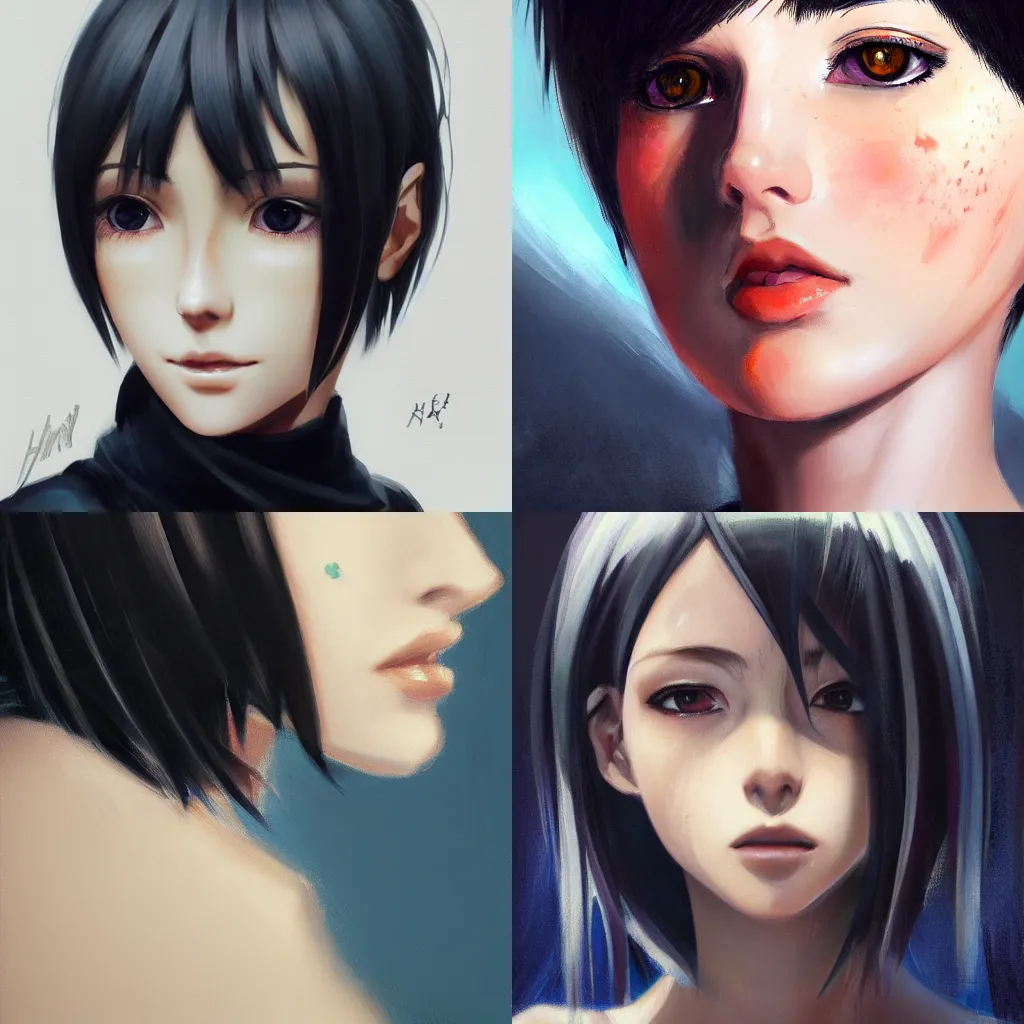 Prompt: A close-up portrait of a beautiful anime girl by Huke, shoulder length straight black hair with bob cut, dark eyes, freckles, concept art, oil on canvas, trending on artstation