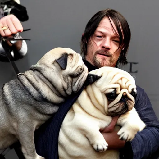 Image similar to Norman Reedus holding an obese pug, photo