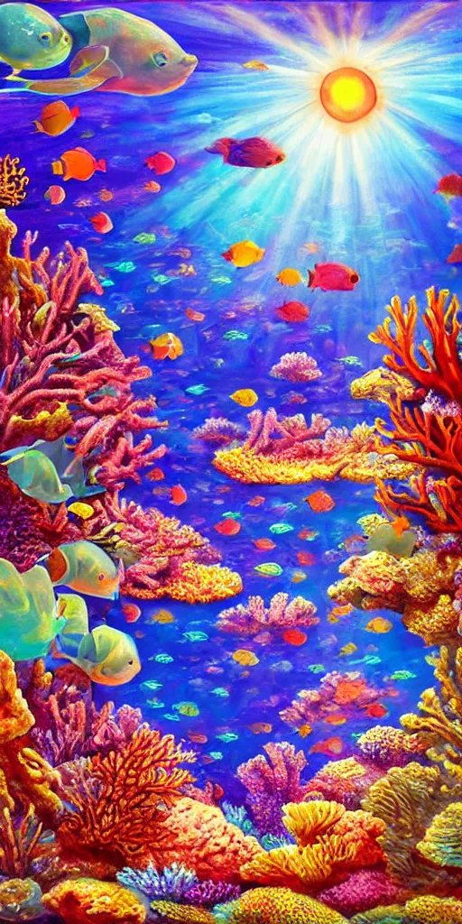 Image similar to underwater coral reef landscape magical realism painting with sun rays coming from above, neon pastel colors