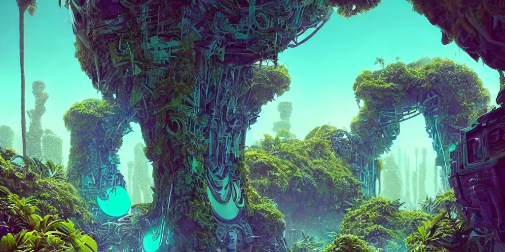 Image similar to 80s futuristic hyperdimensional portal, desolate, lush vegetation:: by beeple and James Gilleard and Justin Gerard :: ornate, dynamic, particulate, intricate, elegant, highly detailed, centered, artstation, smooth, sharp focus, octane render, 3d