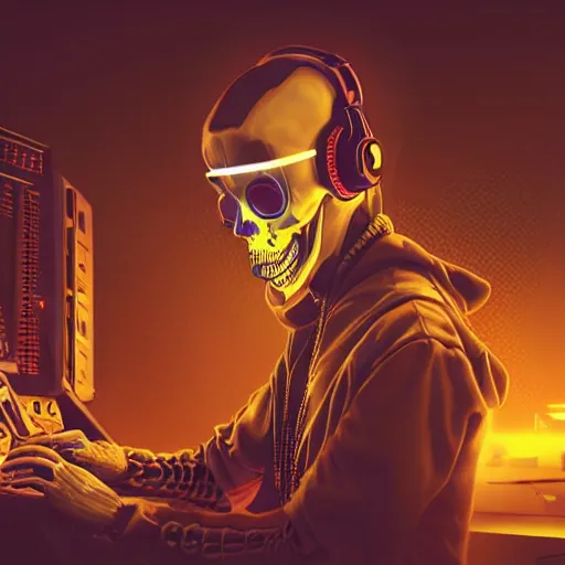 Image similar to cyberpunk skeleton with headphones playing synthesizer, smoke, lights, lasers, highly detailed, realistic, technology and magic,