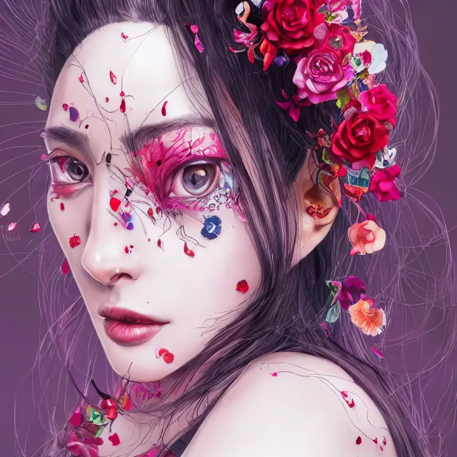 Image similar to studio portrait absurdly beautiful, elegant, lovely, young hypercolorful sensual anime woman rubies red petals gems, ultrafine hyperrealistic detailed face illustration by kim jung gi, irakli nadar, intricate linework, sharp focus, bright colors, matte, octopath traveler, final fantasy, unreal engine highly rendered, global illumination, radiant light, intricate rainbow environment