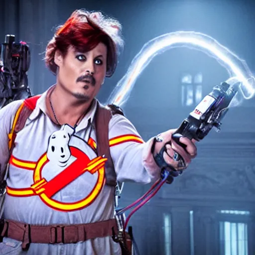 Image similar to Johnny Depp as a Ghostbuster in the movie Ghostbusters movie still 8k hdr moody lighting