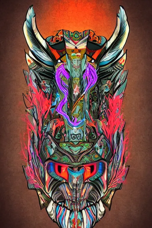 Image similar to totem animal tribal chaman vodoo mask feather gemstone plant video game illustration vivid color borderlands and by feng zhu radiating a glowing aura