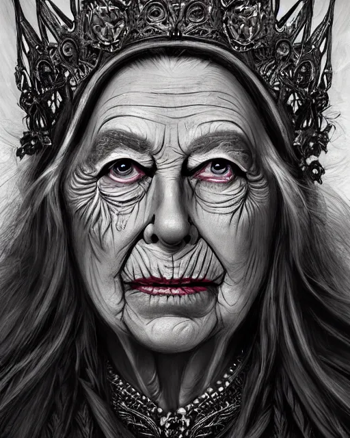 Image similar to Queen Elisabeth II as a hag witch, highly detailed face, realistic face, beautiful detailed eyes, fantasy art, illustration, epic, fantasy, intricate, hyper detailed, artstation, concept art, smooth, sharp focus, by jerad s marantz