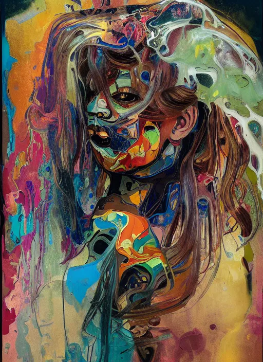 Image similar to abstract expressionism oil painting intertwined with a mutant biomorphic posthuman human head, spray paint texture, drips, impasto paint, 3 d graffiti texture, brushstrokes, abstract, highly detailed, hyperealistic fresh paint, harmonious, chaotic, colorfull, in the style of alphonse mucha