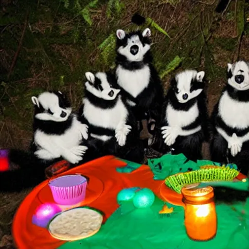 Image similar to photo of skunk birthday party in the woods at night