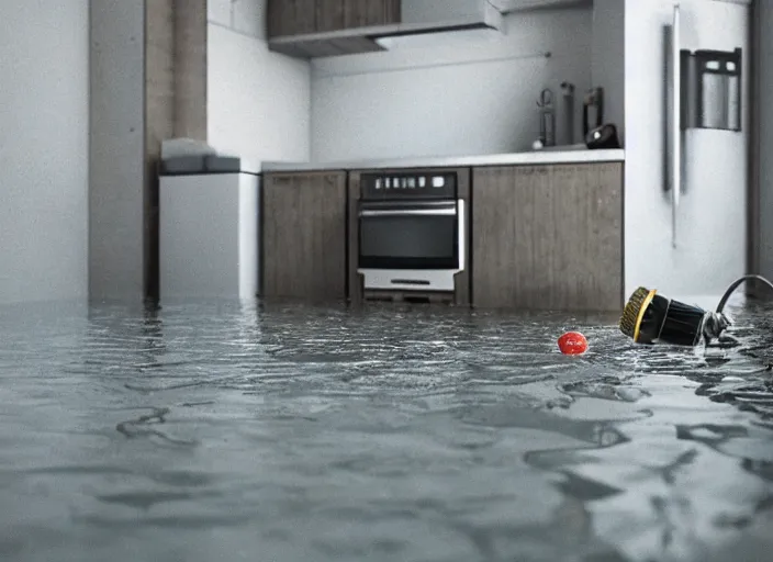 Image similar to kodak portra 4 0 0 photographic and realistic, 7 0's kitchen, detailed, octane render, unreal engine, 4 k, artstation, hyper realistic, wide angle, floor flooded, how a river, antigas mask, objects that float, 3 5 mm, sharp focus, soft light, volumetric light fog, in the style of gregory crewdson