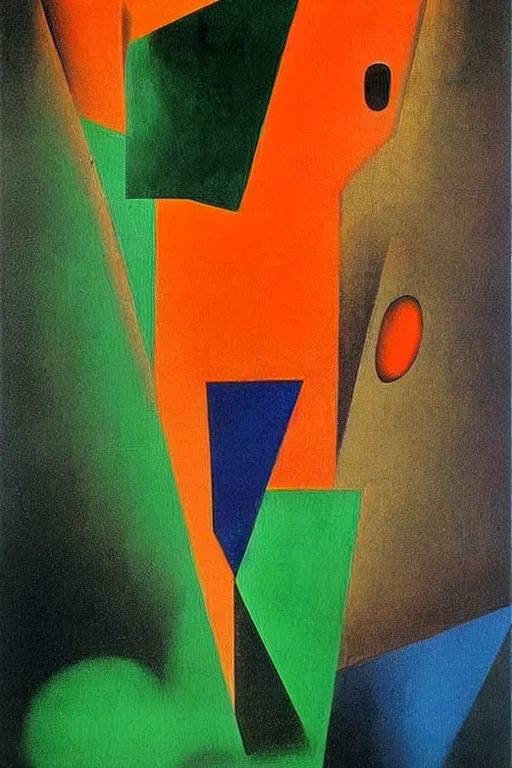 Prompt: born under a bad sign, good luck and trouble are my only friends, colors orange, white!!, dark green, dark blue, surreal abstract painting by salvador dali and max ernst
