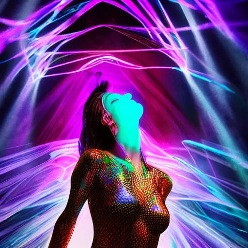 Image similar to full body pose, hyperrealistic photograph of a beautiful rave woman, glowsticks, dim volumetric lighting, 8 k, octane beautifully detailed render, extremely hyper detailed, intricate, epic composition, cinematic lighting, masterpiece, trending on artstation, very very detailed, stunning, hdr, smooth, sharp focus, high resolution, award, winning photo, dslr, 5 0 mm