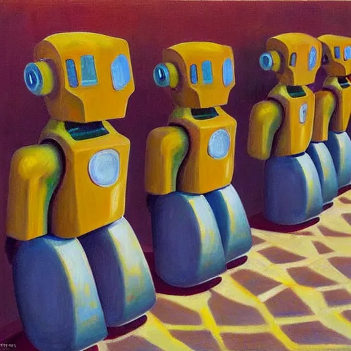 Image similar to robots queue up for water slide, grant wood, pj crook, edward hopper, oil on canvas