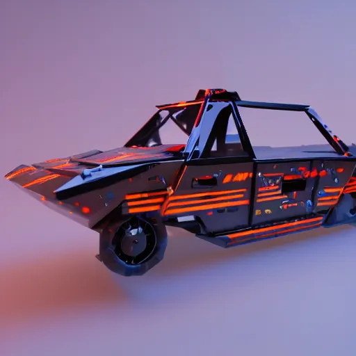 Prompt: full shot of a box - shaped sci - fi flying vehicle made from dark glass and plastic surfaces with neon kanji decals in the style of bladerunner 2 0 4 9, lj gtr xu 1 torana, side lights, studio lighting, octane render, light background