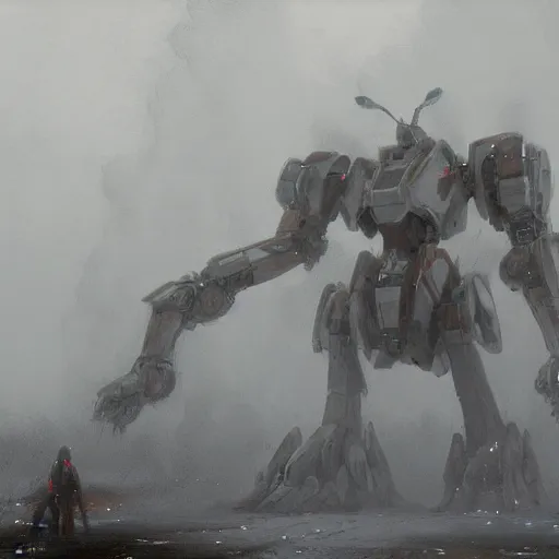 Image similar to gigantic mecha walking, dense fog, jakob rozalski