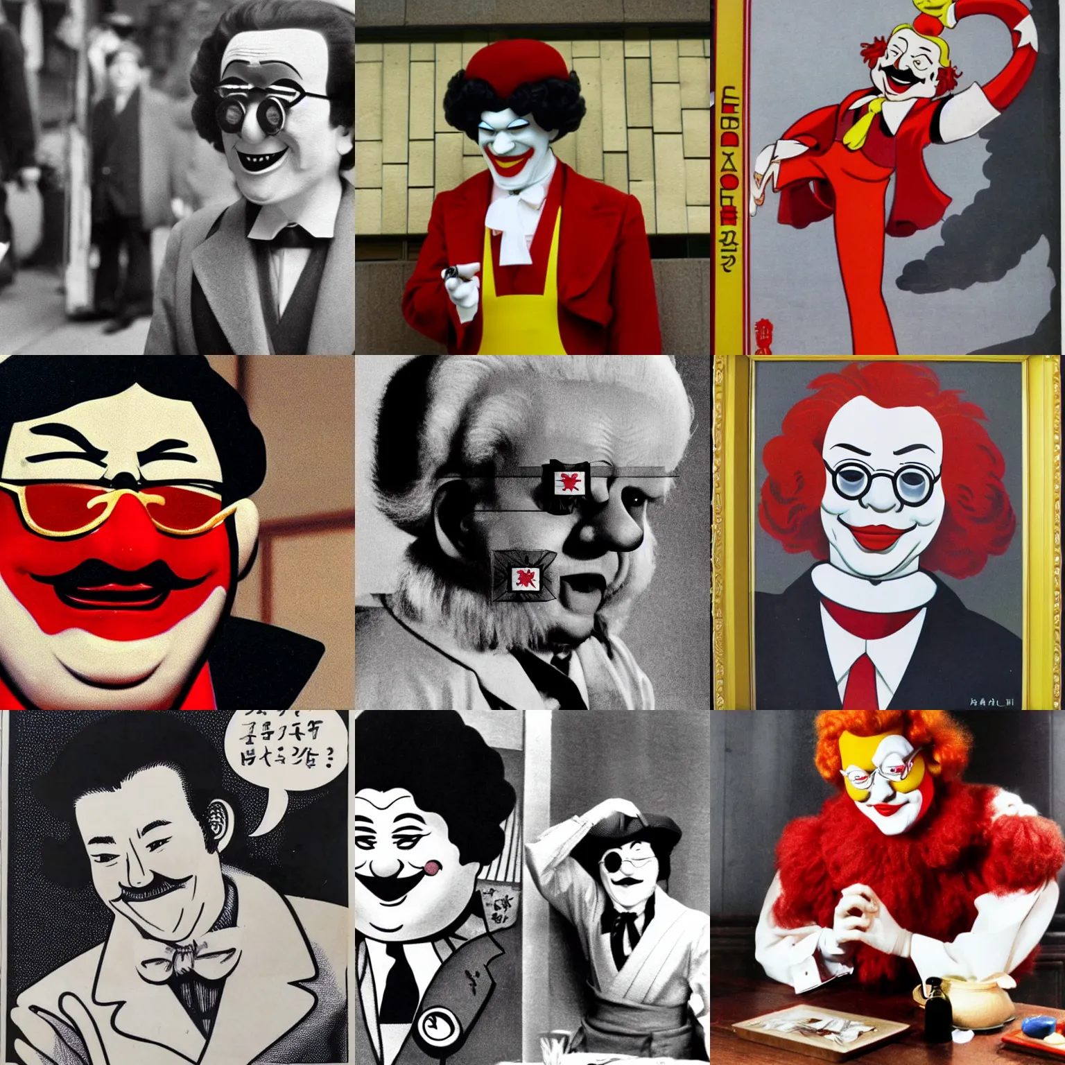 Prompt: ronald mcDonald as a japanese spy talking french