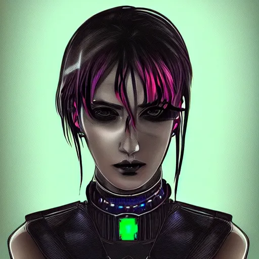 Image similar to headshot digital artwork of cyberpunk woman wearing thick black choker around neck, collar on neck, realistic, artstation, punk woman, cyberpunk style, neon,