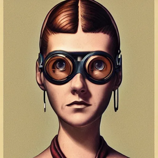 Prompt: pixar 3 d style retrofuture tattooed stoic heroic emotionless dirty butch blonde woman mechanic with very short slicked - back hair, full body, uncomfortable awkward and anxious, wearing dark - lensed victorian goggles, wearing dirty ripped flight suit, trudging through fantastic planet, valerian, moebius, rough paper, sci fi, behance hd