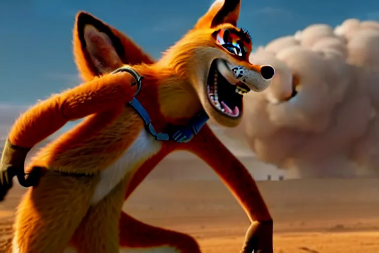 Image similar to nick wilde ( from zootopia ), heavily armed and armored facing down armageddon in a dark and gritty reboot from the makers of mad max : fury road