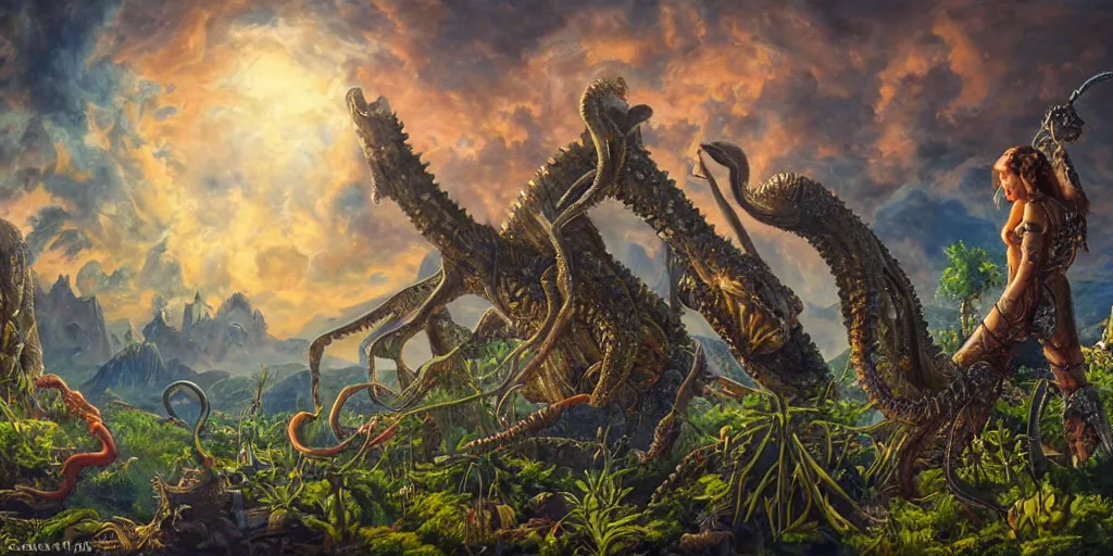 Image similar to fantasy oil painting, great leviathan, cybernetic turtle cephalopod terrapin reptilian pachyderm squid, bella hadid, milla jovovich, anubis, hybrid, epic natural light, lush plants flowers, spectacular mountains, bright clouds, luminous sky, outer worlds, golden hour, michael cheval, edward hopper, michael whelan, vray, hd