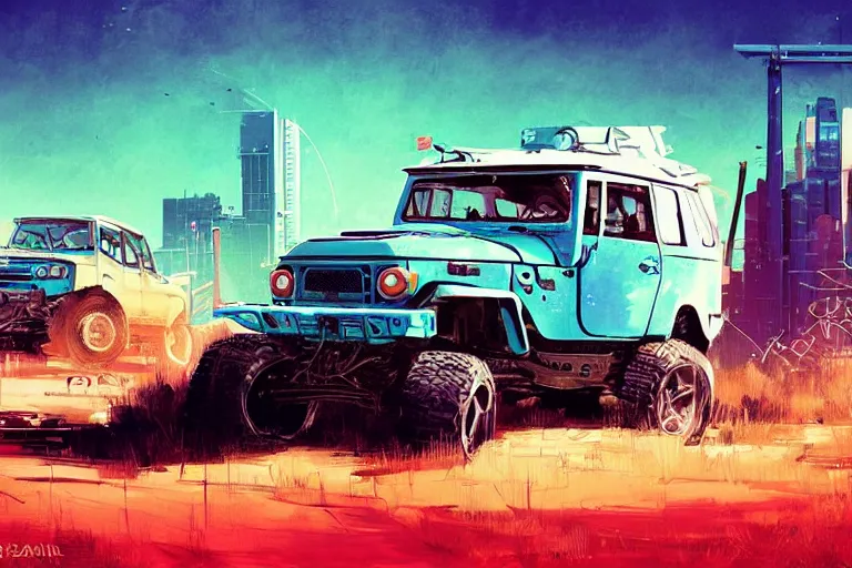 Image similar to digital illustration of a futuristic faded cyan mad max's fj 4 0 decrepit!!!! pursuit special, rusty!!! cyberpunk nissan fj cruiser heavily modded 1 9 9 0 s, the last v 8 interceptor by makoto shinkai, ilya kuvshinov, lois van baarle, rossdraws, basquiat