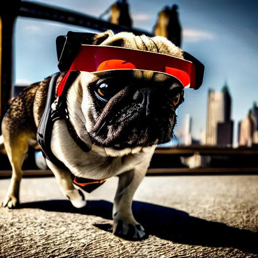 Image similar to A high quality action photo of a pug with old school brown pilot goggles flying like superman towards the camera, high above NYC, motion blur, high detail, zoomed in, fish eye lense