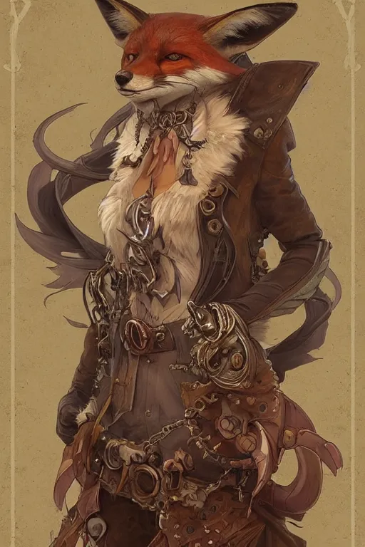 Image similar to heroic character design of anthropomorphic fox, whimsical fox with 6 tails, portrait, western, steampunk, duster, fantasy, intricate, elegant, highly detailed, digital painting, artstation, concept art, sharp focus, illustration, art by artgerm and greg rutkowski and alphonse mucha