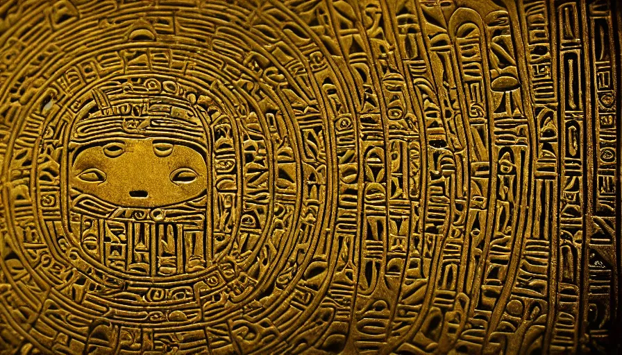 Image similar to hieroglyphs showing ufos alien planets, gold plate render, various refining techniques, micro macro auto focus, top photography photo art gallery, realistic photo, insane detail
