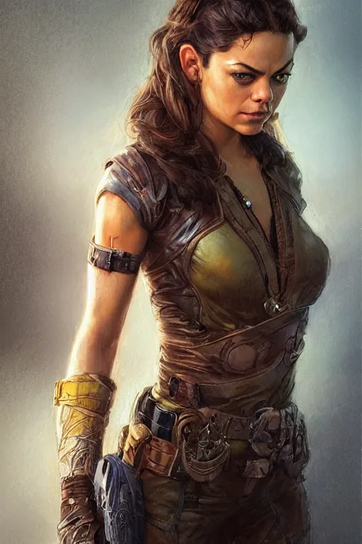 Image similar to tough Mila Kunis as a ruggedly handsome heroine, intricate, elegant, highly detailed, centered, artstation, concept art, smooth, sharp focus, illustration, bokeh art by artgerm and donato giancola and Joseph Christian Leyendecker, WLOP