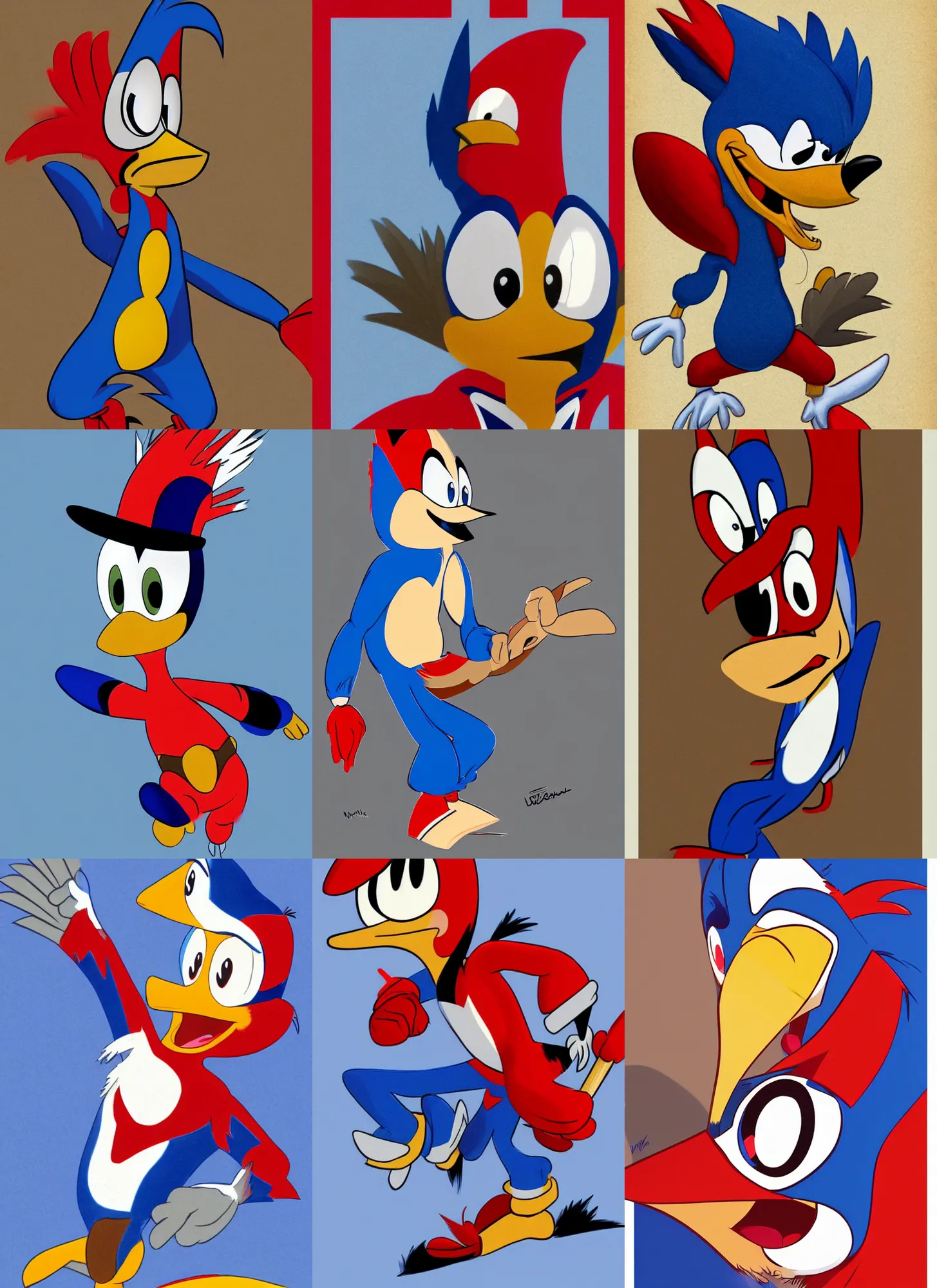 Prompt: woody woodpecker with red crest and wearing blue onesie, illustrated by walter lantz. amazing detail, pixiv, artstation