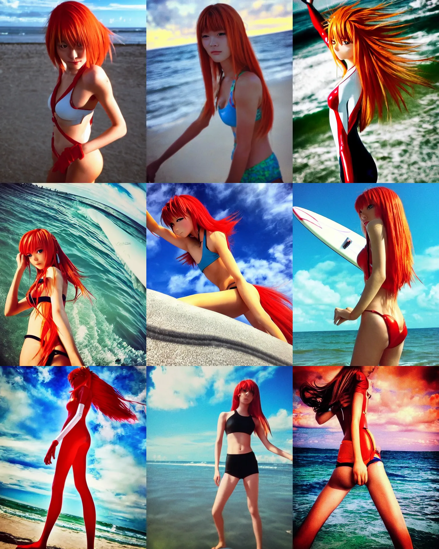 Prompt: low angle iphone HDR photo of beautiful Asuka Langley from evangelion as a surfer in Florida, 35mm, cinematic, trending on Instagram, Asuka as a surfer model