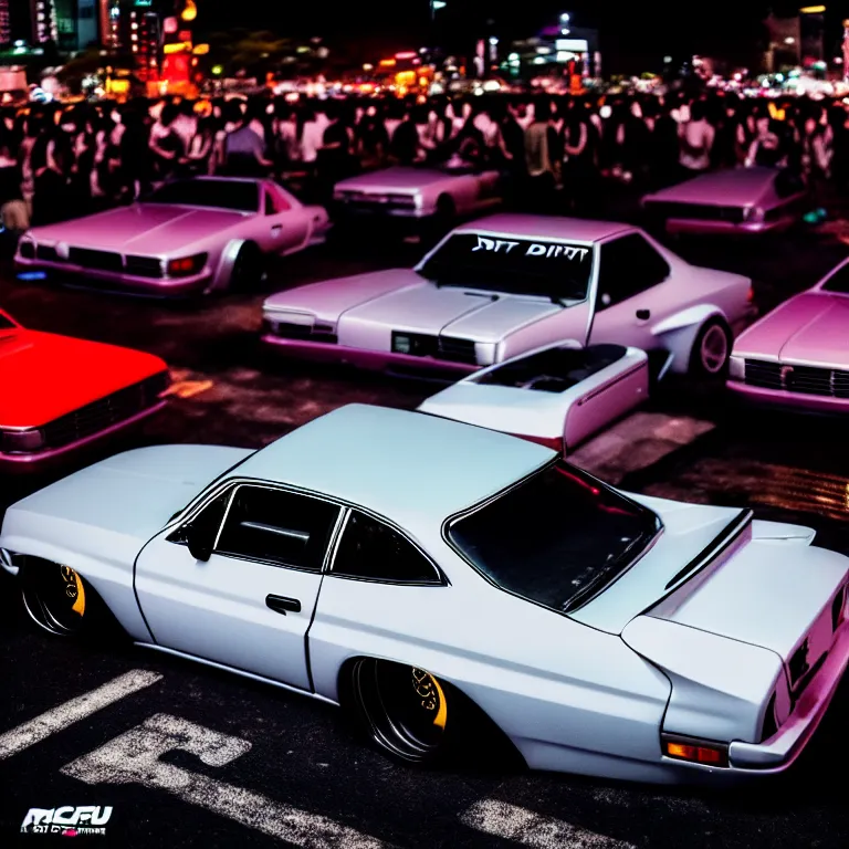 Image similar to a car S30 twin turbo drift at illegal car meet, Shibuya prefecture, city midnight mist lights, cinematic lighting, photorealistic, highly detailed wheels, high detail