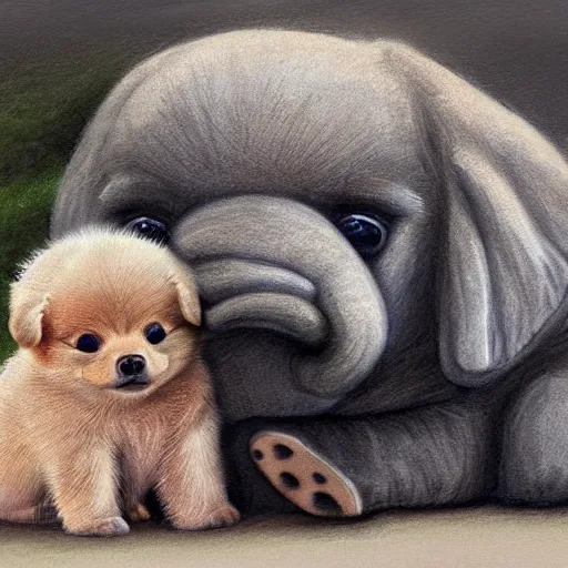 Prompt: a baby Pomeranian staring at the camera calmly next to a napping elephant under heavy rain, photo realist
