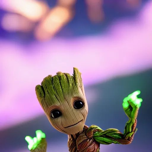 Image similar to baby groot getting bigger, meaner and transforming into hulk, dc universe, bokeh, high quality dof