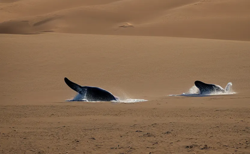 Image similar to standing whales in sand dunes, photography