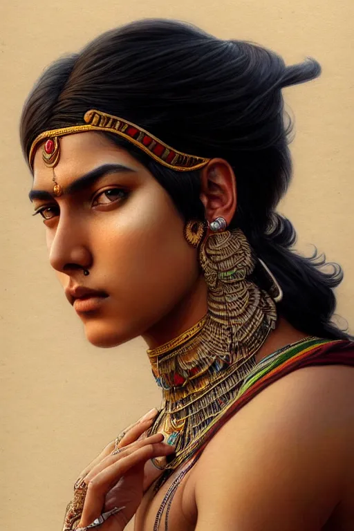 Image similar to photorealistic portrait of a young butch indian woman, handsome, female, masculine, upper body, fantasy, fierce, sharp features, intricate, elegant, highly detailed, digital painting, artstation, concept art, matte, sharp focus, illustration, art by artgerm and greg rutkowski and alphonse mucha