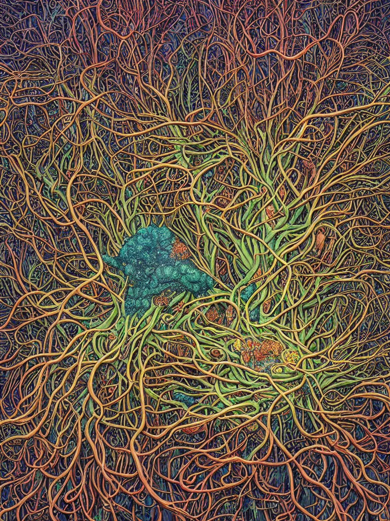 Prompt: A hyperrealistic mixed media relief of a mushroom in a network of hyphae, nerves, slime mold, and rhizomorphic fungus. Shaped like roots and neurons. Lush, colorful, surreal. By Dan Mumford and Ian McQue and Karol Bak.