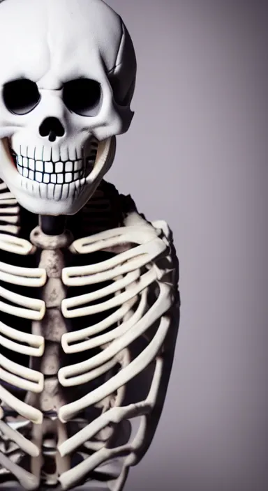 Image similar to Portrait of Sans from Undertale as a real skeleton. Studio lighting, 4K, sigma 85mm