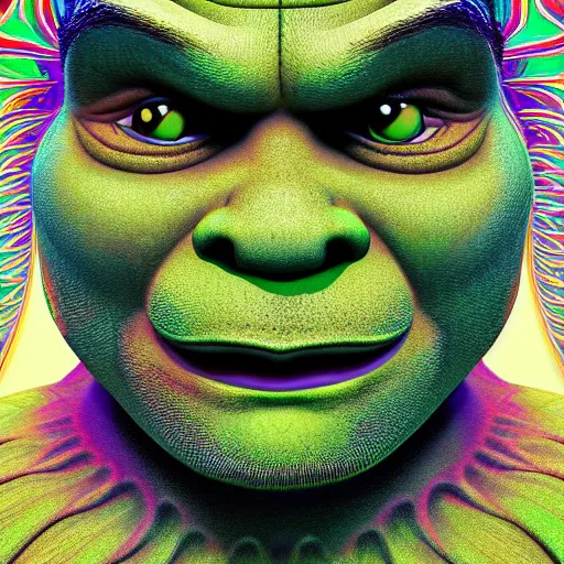 Prompt: a detailed digital art of Shrek in the style of Alex Grey, psychedelic, fantasy, 8k, ornate, intricate