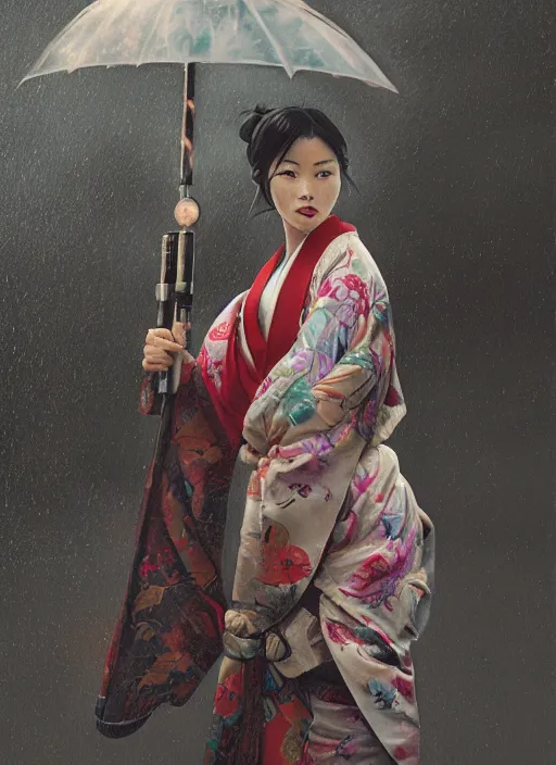 Prompt: a Photorealistic dramatic hyperrealistic render of an an Asian woman dressed in a kimono wielding two lightsabers, in the rain dramatic lighting, by WLOP,Artgerm,Greg Rutkowski,Alphonse Mucha, Beautiful dynamic dramatic dark moody lighting,shadows,cinematic atmosphere,Artstation,concept design art,Octane render,8K