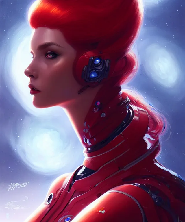 Image similar to futuristic bodycon spacesuit woman portrait, sci-fi, fierce eyes, long red hair, fantasy, intricate, elegant, highly detailed, digital painting, sharp focus, illustration, art by artgerm and greg rutkowski and WLOP