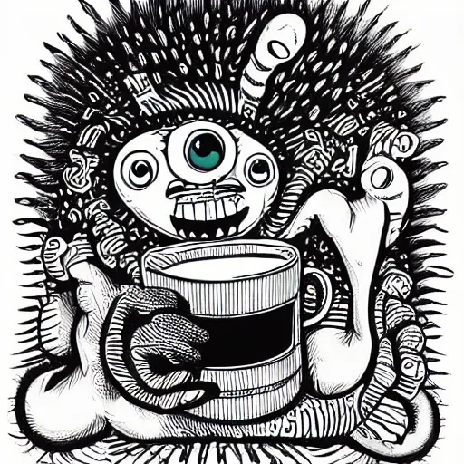 Prompt: highly detailed quirky illustration of a monster smiling like crazy and dancing holding a beautiful steaming cup of coffee