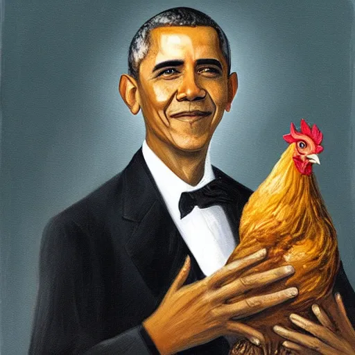 Prompt: Oil painting of Barack Obama holding a chicken, 1800s painting,