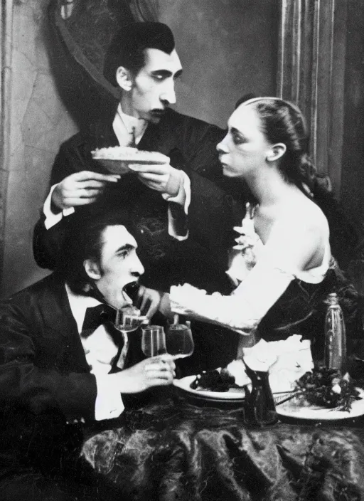 Prompt: old photo of dracula feasting on a person